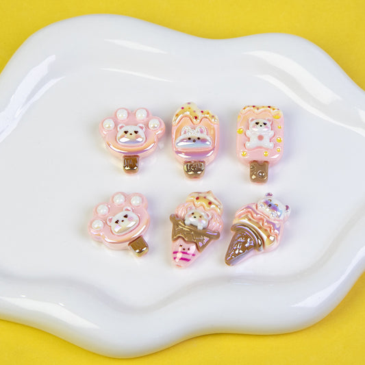 Bear Ice Cream Series Resin Beads Glossy Pastel Pink 20pcs