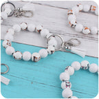 Wooden Dog Silicone Bead Tassel Wristlet Keychain Pomeranian Husky Beagle Bulldog 3