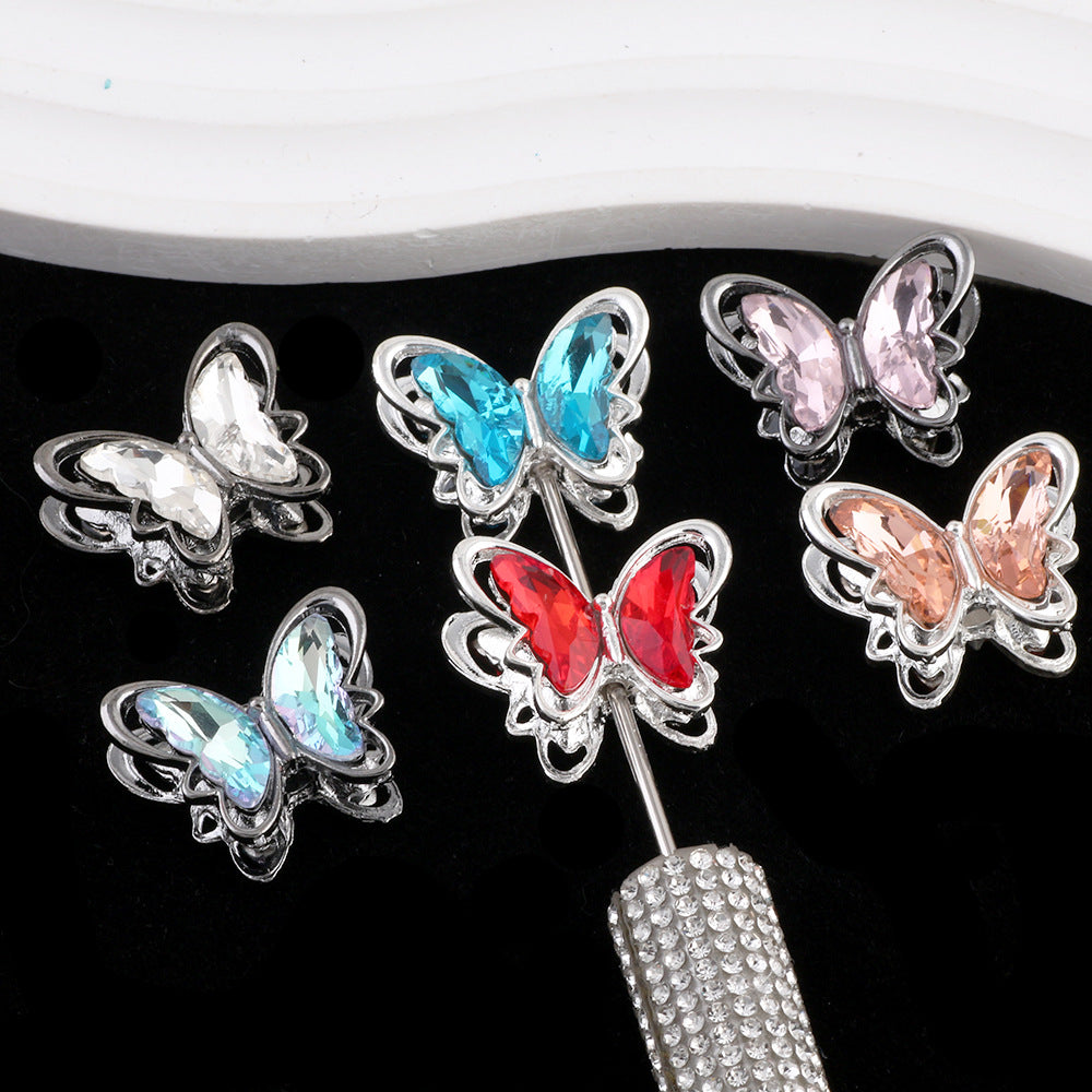 Butterfly Metal Beads 26mm Double-Sided Crystal Glass Embedded 3pcs 4