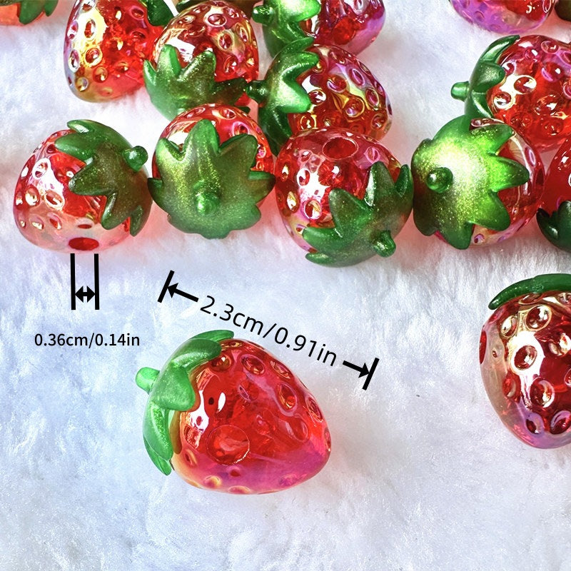 Plating 3D Strawberry Acrylic Beads 23mm Glossy Red Green 10pcs 4
