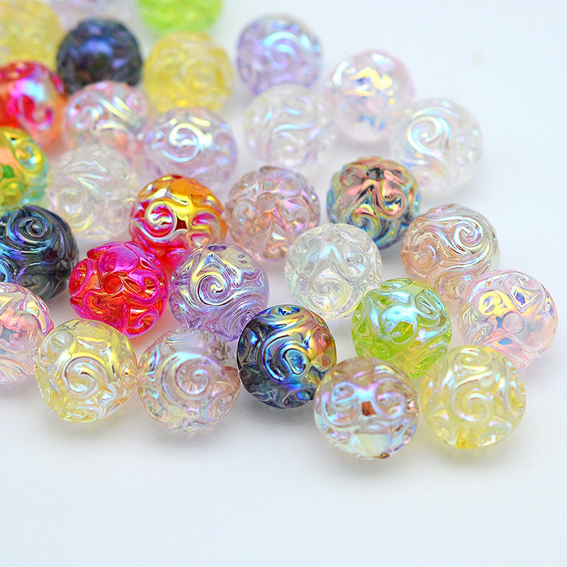 Plating Round Acrylic Beads 16mm UV Embroidered Iridescent 20pcs