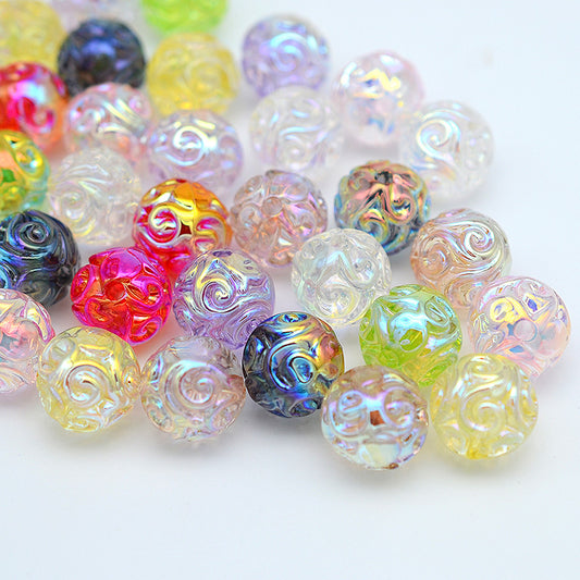 Plating Round Acrylic Beads 16mm UV Embroidered Iridescent 20pcs