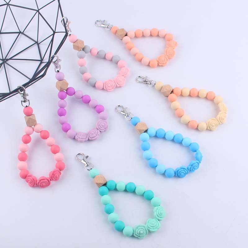 Rose Silicone Bead Wristlet Keychain Floral Charm Pastel Colors
