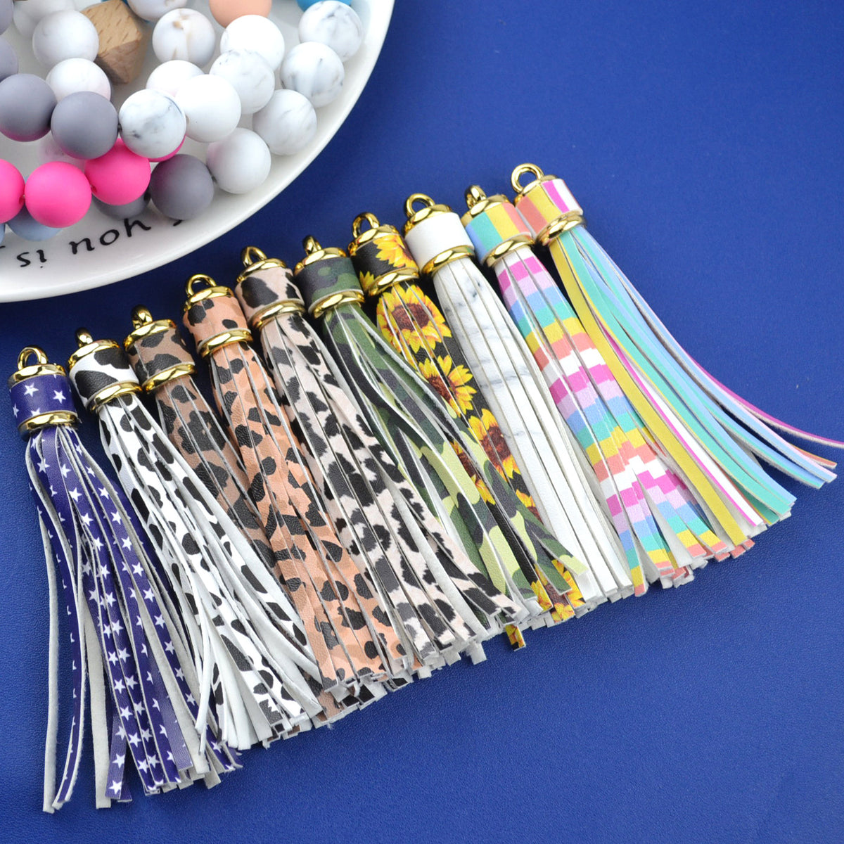 Multi Patterned PU Leather Tassel Keychain Charms 10cm 6pcs