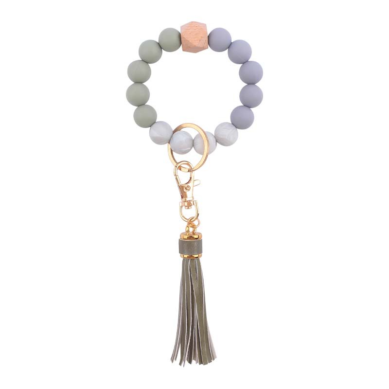 Silicone Beaded Wristlet Keychain with PU Tassel and Wood Accent 21