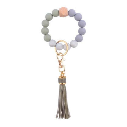 Silicone Beaded Wristlet Keychain with PU Tassel and Wood Accent 21