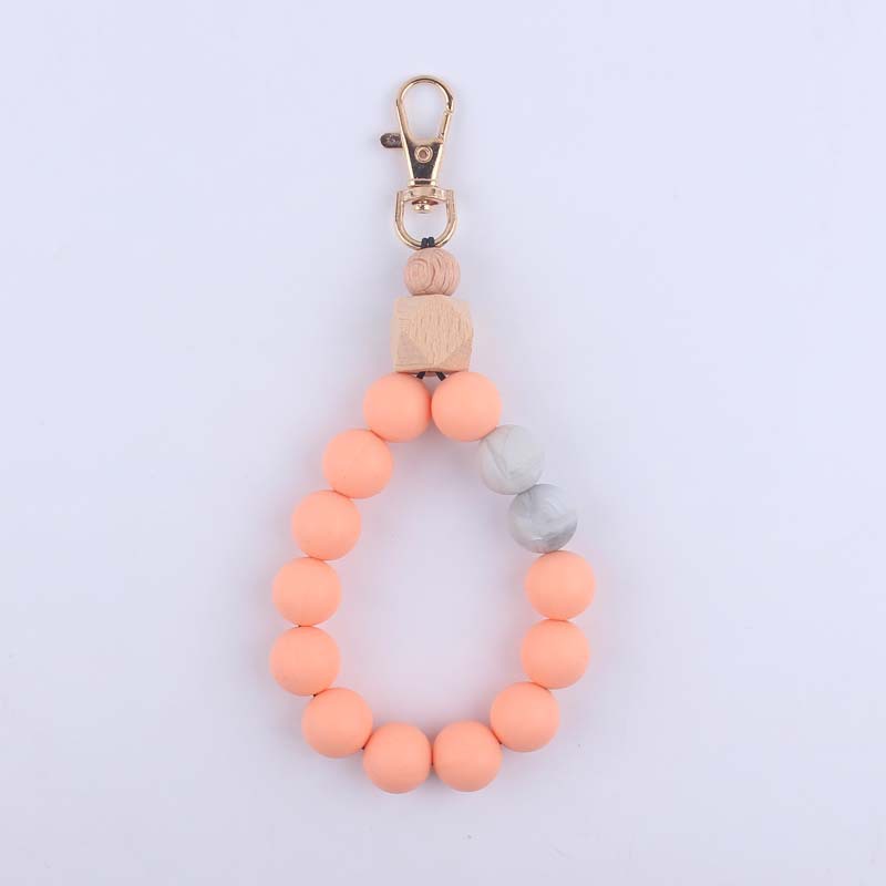Wood Hexagon Silicone Bead Wristlet Keychain Natural Pastel Colors 8
