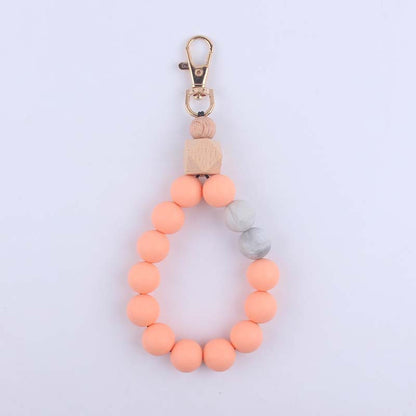 Wood Hexagon Silicone Bead Wristlet Keychain Natural Pastel Colors 8