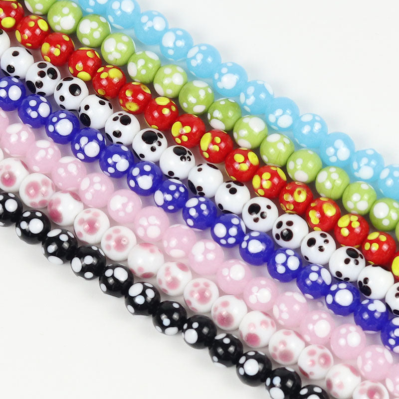 Lampwork Glass Beads Round 10mm Kitten Paws Pattern Glossy 50pcs