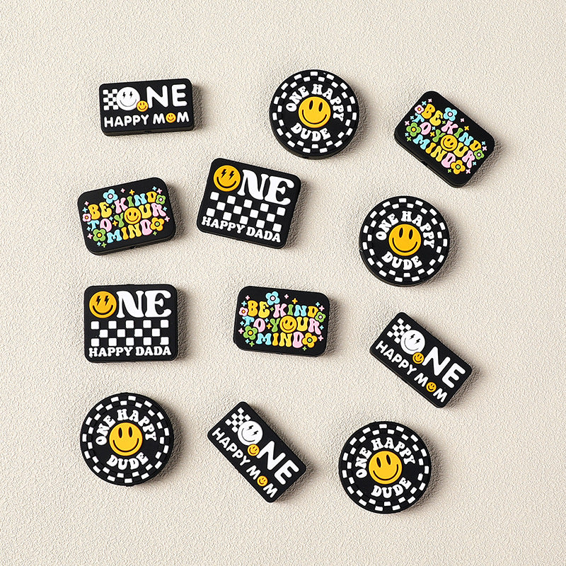 Silicone Focal Beads Cartoon Smiley Face Bold Black Background 20pcs 2