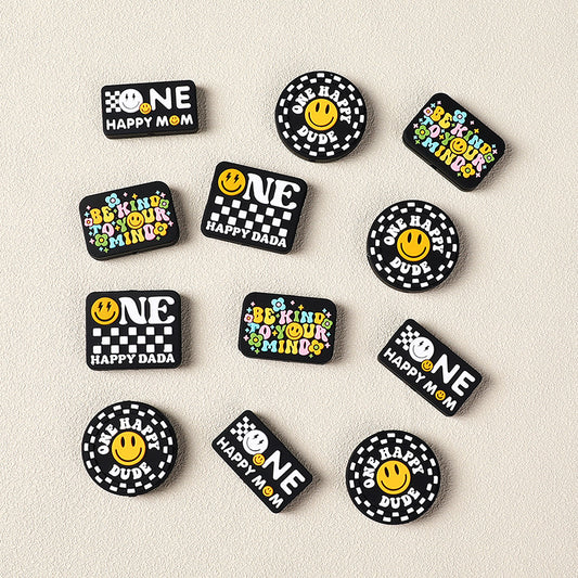 Silicone Focal Beads Cartoon Smiley Face Bold Black Background 20pcs 2