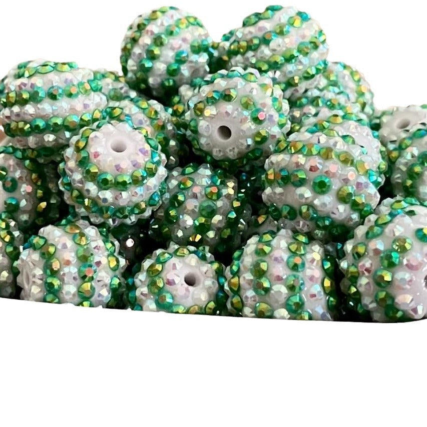 Rhinestone Bubblegum Beads 16-22mm Deep Green White Striped Resin 5pcs 3