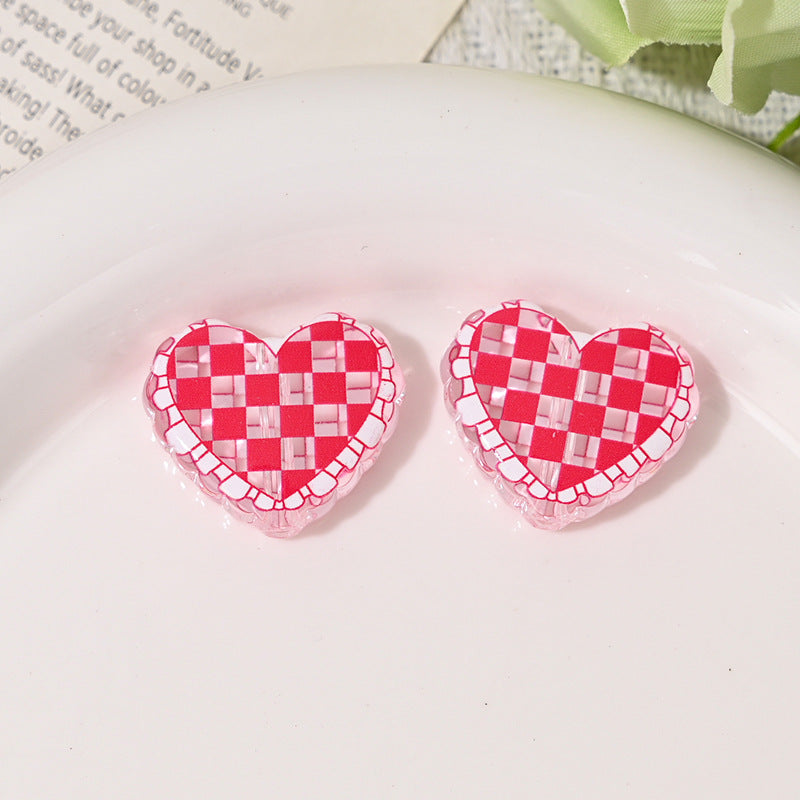 Transparent Heart Acrylic Beads 26mm Two-Color Plaid Lace Edge 10pcs 12