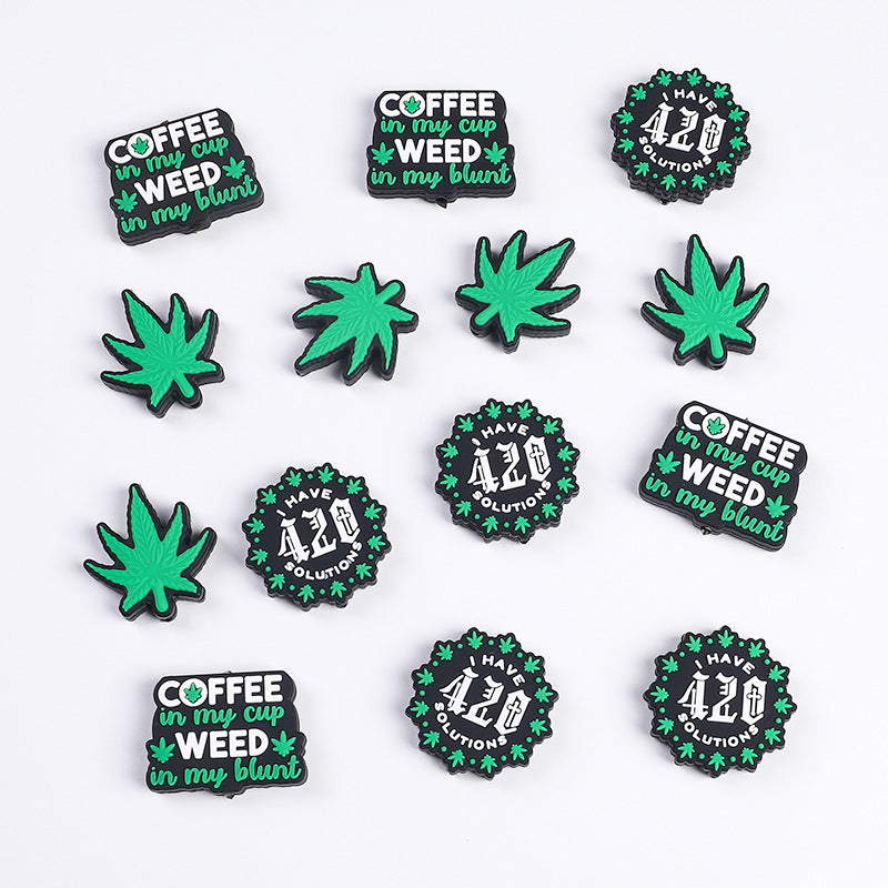 Silicone Focal Beads Green Leaves Bold Text Coffee 420 Design 20pcs 3