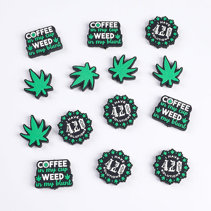 Silicone Focal Beads Green Leaves Bold Text Coffee 420 Design 20pcs 3