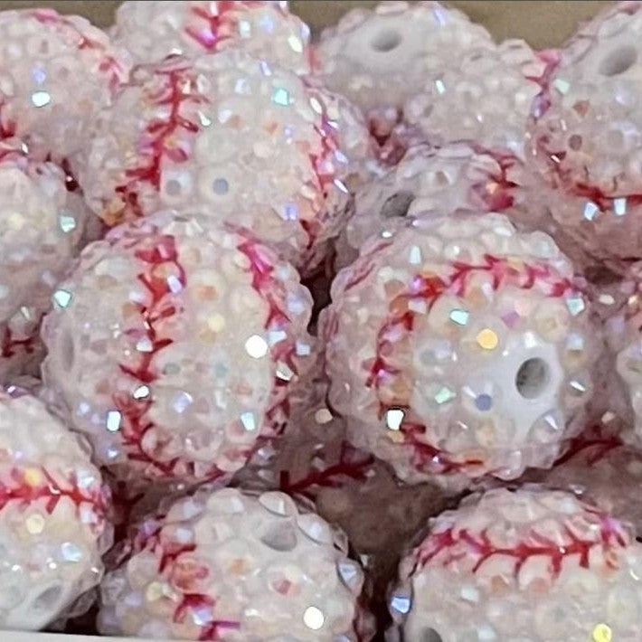 Rhinestone Bubblegum Beads 20mm White Baseball Print 5pcs 2
