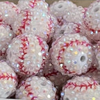Rhinestone Bubblegum Beads 20mm White Baseball Print 5pcs 2