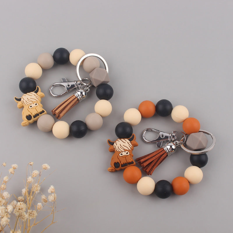 Silicone Beaded Yak Wristlet Keychain with Faux Leather Tassel