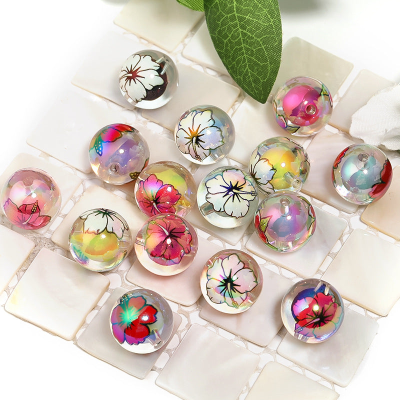 UV Plating Round Acrylic Beads 16mm Valentine Day Camellia Print 50pcs 4