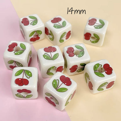 Cream Cartoon Printed Square Acrylic Beads 14mm 20pcs 14