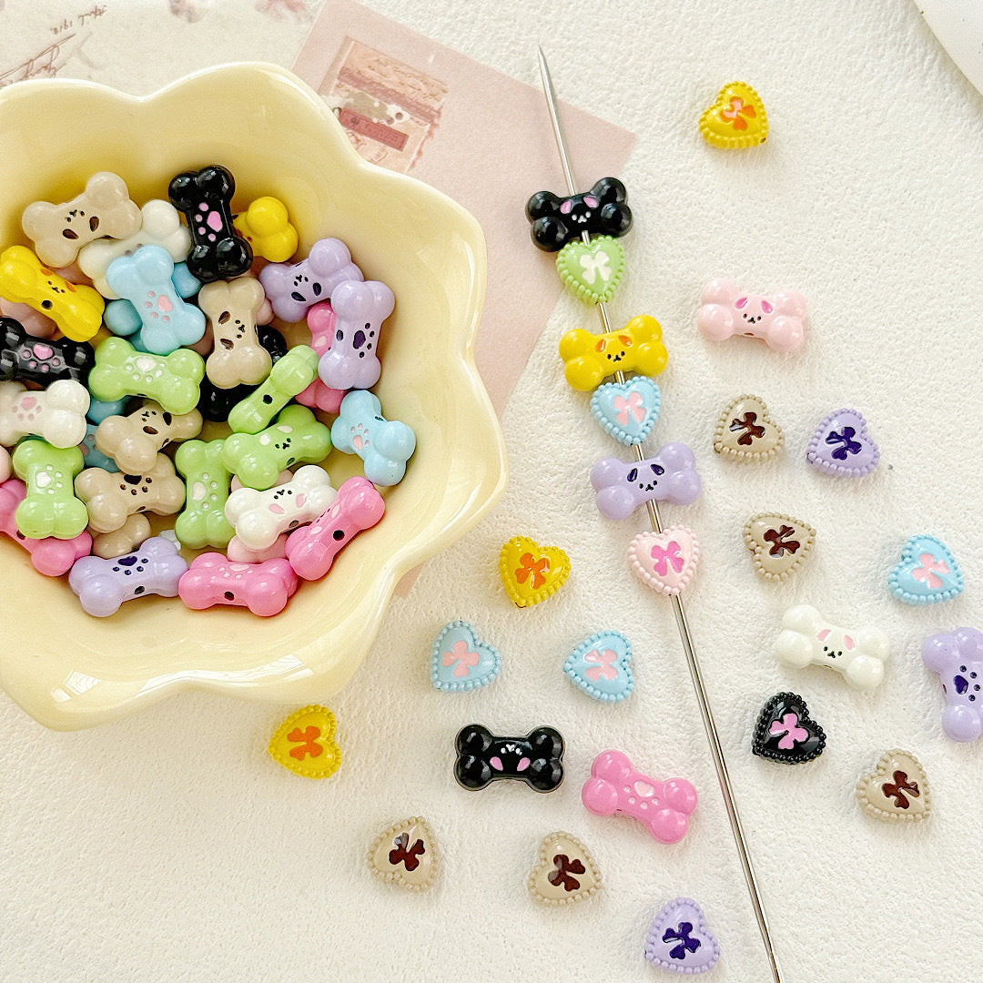Bone and Heart Metal Beads 15mm and 10mm Baking Painted Alloy 10pcs