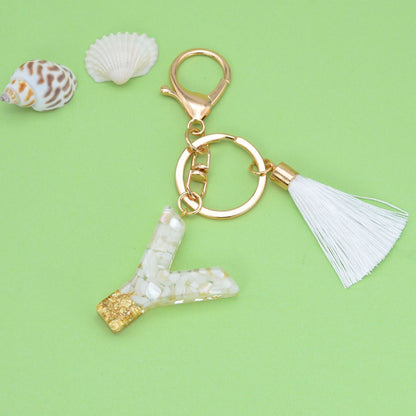 Tassel Letter A Keychain Resin Gold Flakes White Tassel 54