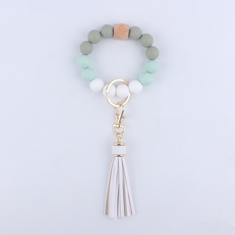 Silicone Beaded Wristlet Keychain with Wooden Beads and Leather Tassel 8cm 14