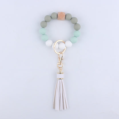 Silicone Beaded Wristlet Keychain with Wooden Beads and Leather Tassel 8cm 14