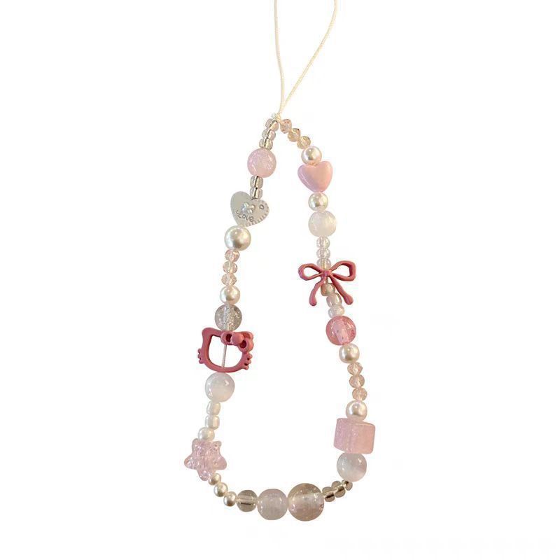 Pink Acrylic Beaded Hello KT Phone Charm Soft Pastel Style 2pcs 5