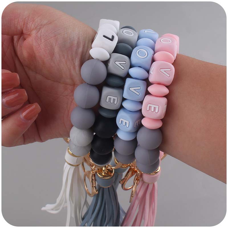 Silicone Bead LOVE Wristlet Keychain with Tassel Charm 2