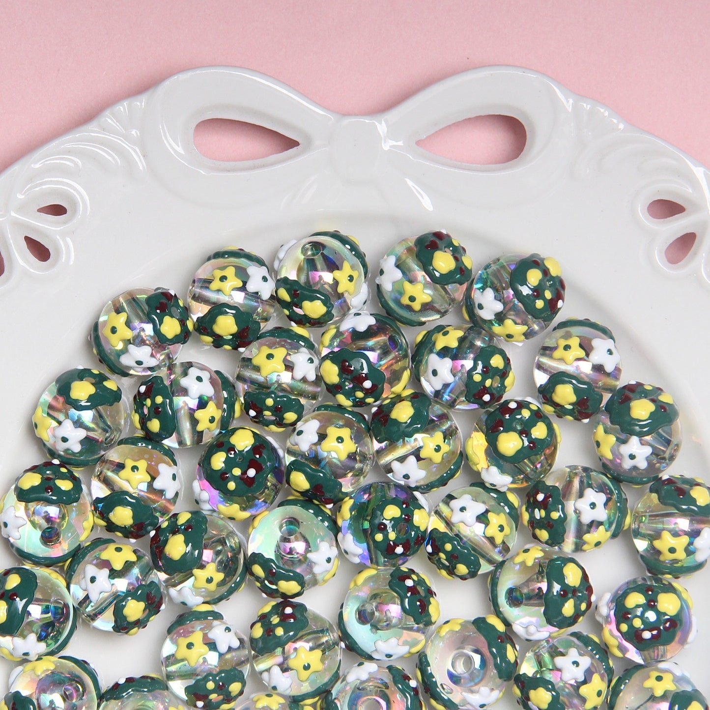 Hand Painted Christmas Tree Snowflake Acrylic Beads 18mm Festive 10pcs 4