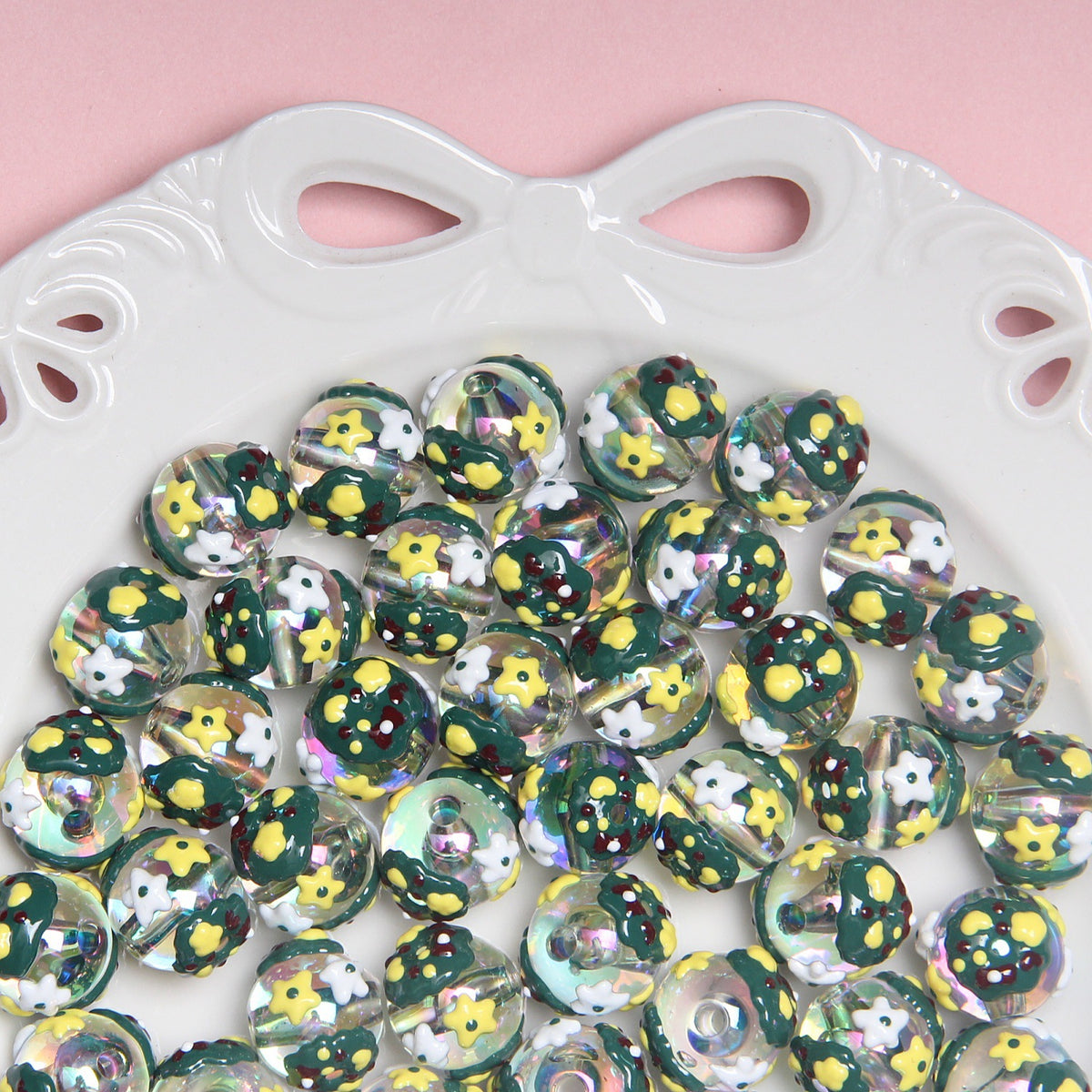 Hand Painted Christmas Tree Snowflake Acrylic Beads 18mm Festive 10pcs 4