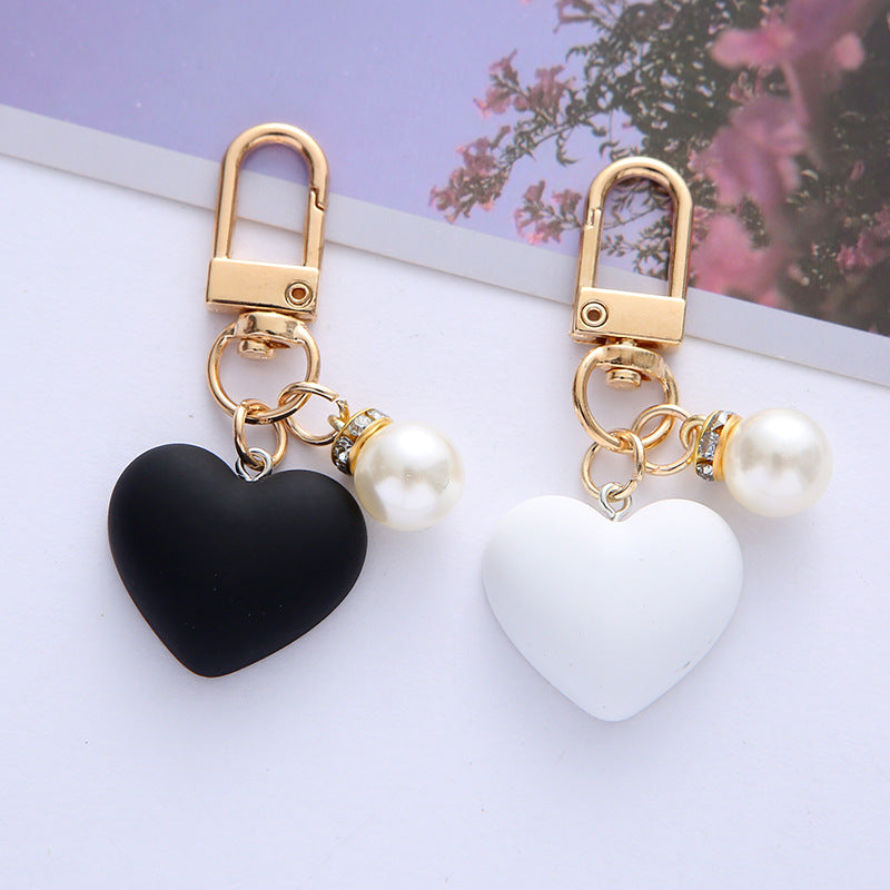 Matte Heart Keychain with Pearl Accent Black White Resin Gold Tone