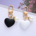 Matte Heart Keychain with Pearl Accent Black White Resin Gold Tone