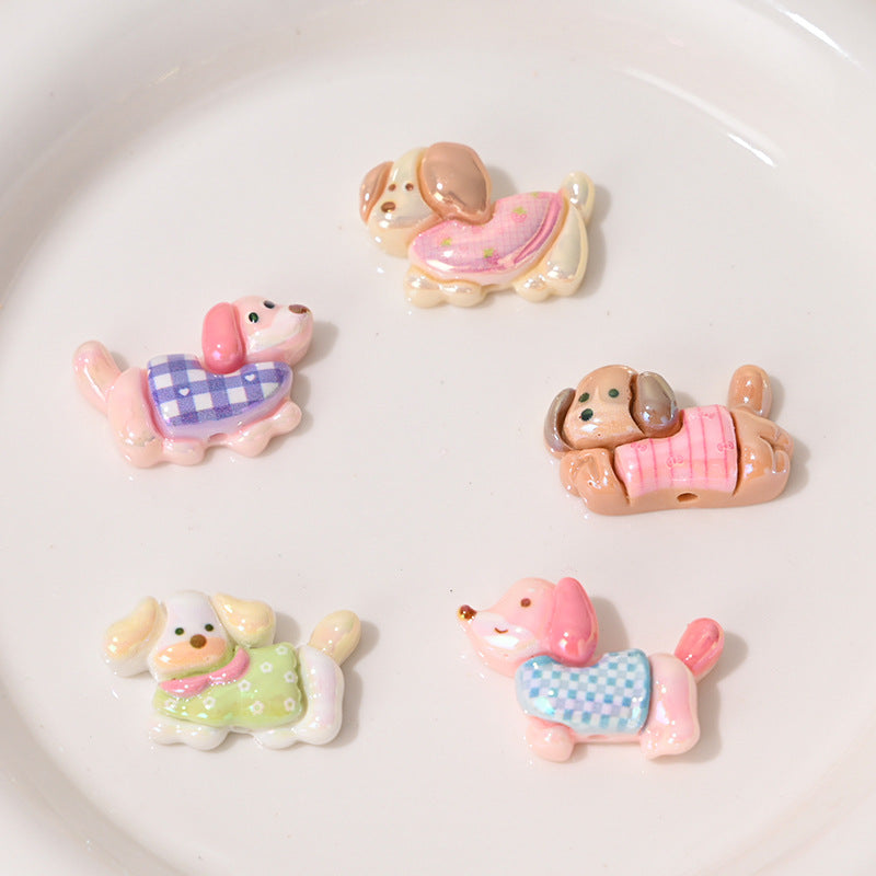 Plating Cute Puppy Resin Beads 26mm Pastel Plaid 10pcs 4