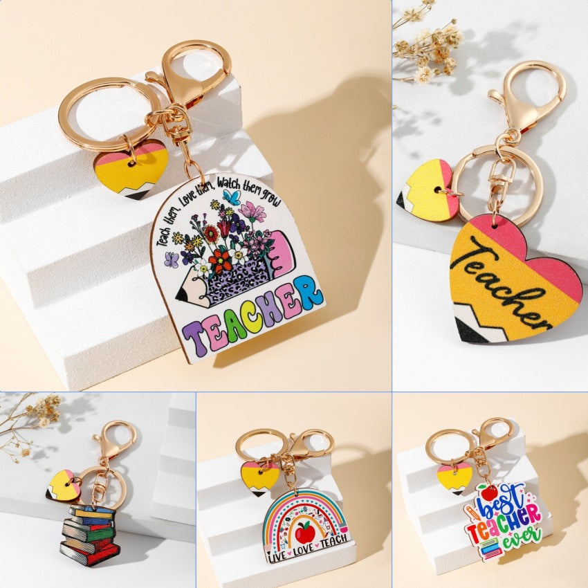 Wood Teacher Keychain Set Rainbow Apple Pencil Bouquet 2pcs