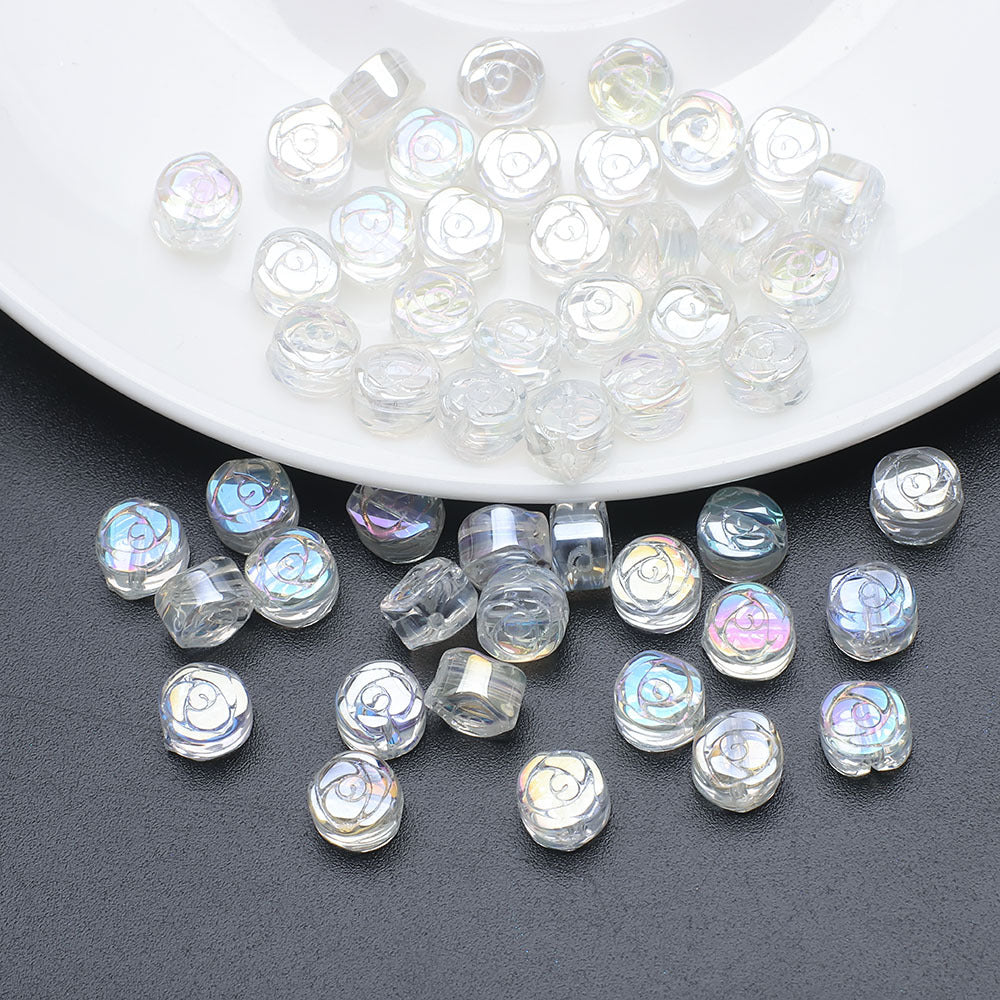 Flat Rose Glass Beads 6mm Iridescent Plating Floral Cube 50pcs 16