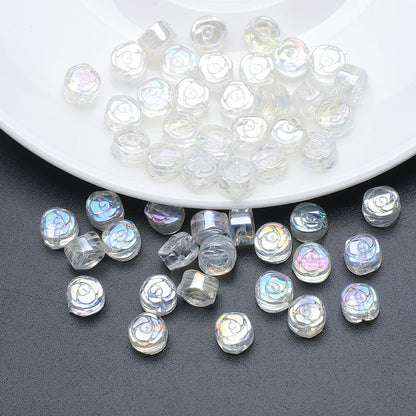 Flat Rose Glass Beads 6mm Iridescent Plating Floral Cube 50pcs 16