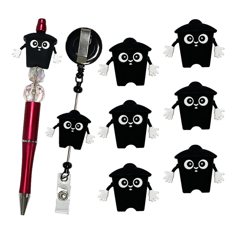 Silicone 3D Focal Beads Black Trash Can Glossy Finish Playful Eyes 2