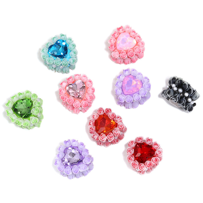 Heart Clay Beads 25mm Tiny Rose Wrapped Rhinestone 10pcs 5