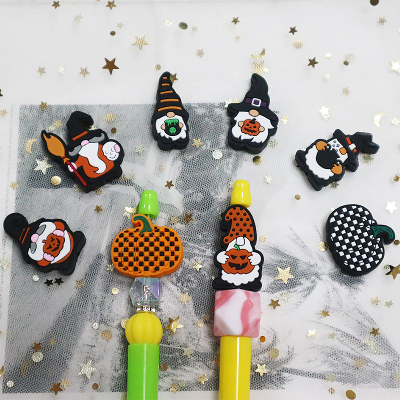 Silicone Focal Beads Halloween Dwarf Pumpkin Holding Brooms 20pcs 2