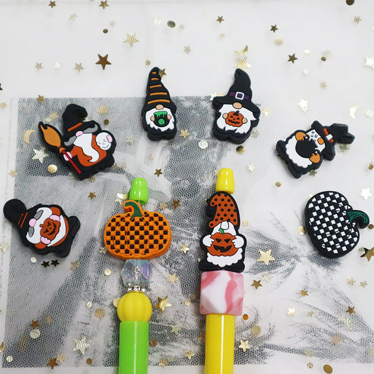 Silicone Focal Beads Halloween Dwarf Pumpkin Holding Brooms 20pcs 2