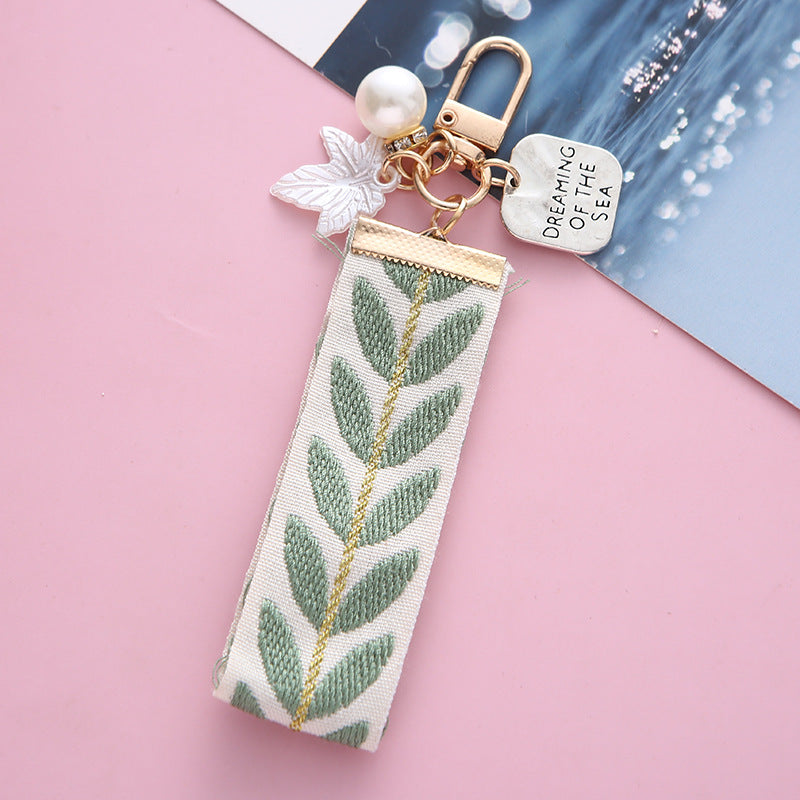Ribbon Pearl Keychain Alloy Gold Tone Charms Embroidered Leaves 3