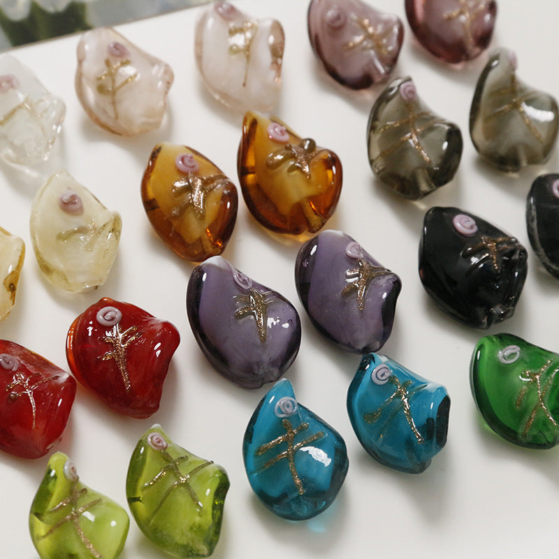 Lampwork Glass Beads Leaf 22mm Handmade Distressed Curled 4pcs