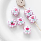 Hand Painted Square Acrylic Beads 14mm Flower Plaid Design 2pcs 6