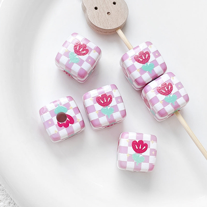 Hand Painted Square Acrylic Beads 14mm Flower Plaid Design 2pcs 6