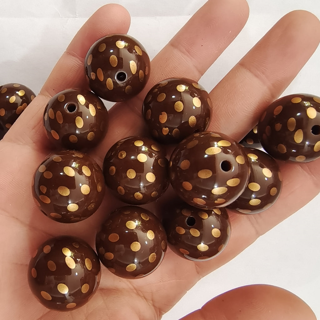 Polka Dot Bubblegum Beads 20mm Coffee Colored Gold Accented 5pcs