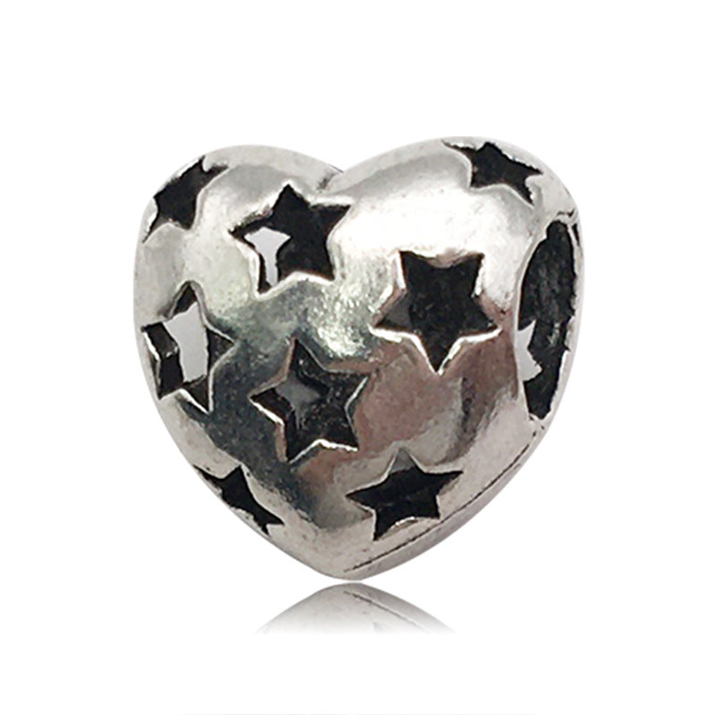 Heart Metal Beads Large Hole Metallic Silver Tone 30pcs 14