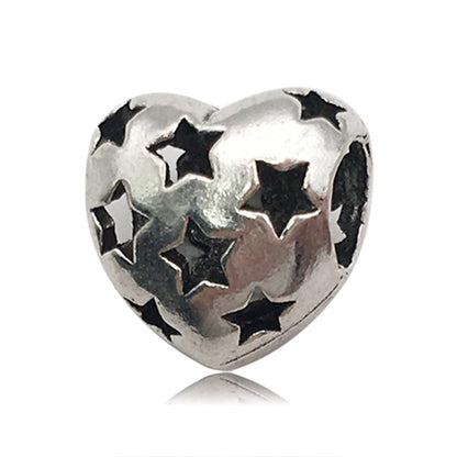 Heart Metal Beads Large Hole Metallic Silver Tone 30pcs 14