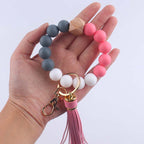 Octagonal Silicone Bead Wristlet Keychain Matte Beech Wood Tassel 3